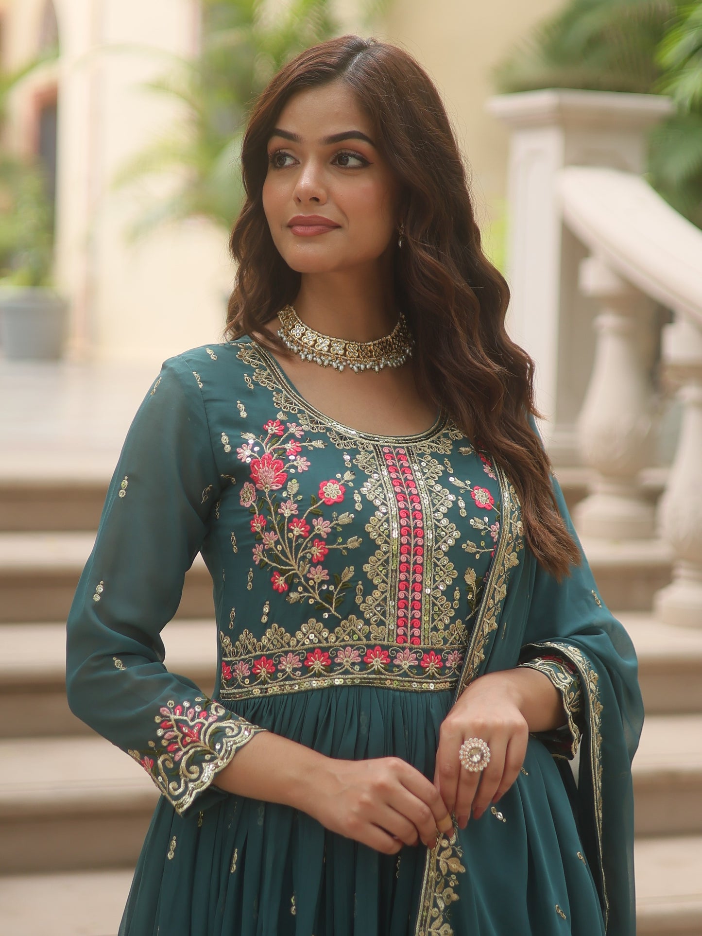 Alluring Blue Georgette Reception Nayra-cut Sharara Suit