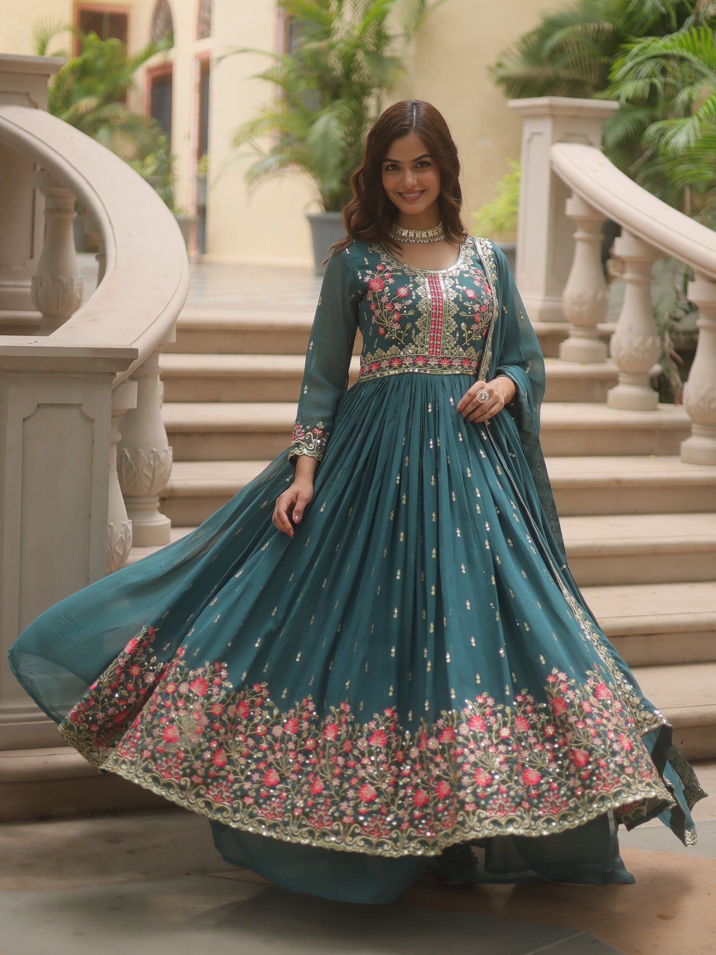 Alluring Blue Georgette Reception Nayra-cut Sharara Suit