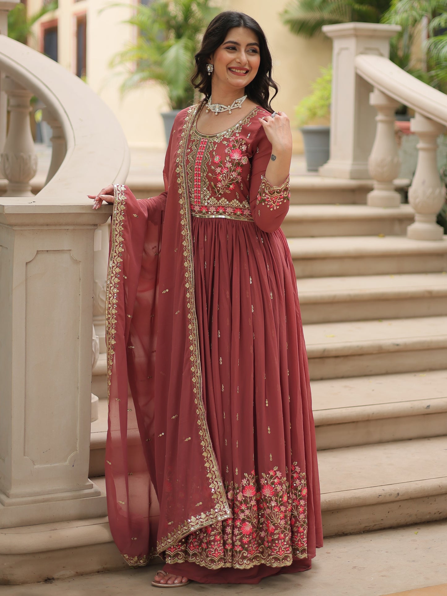 Wonderful Dusty Red Embroidered Georgette Nayra-cut Sharara Suit