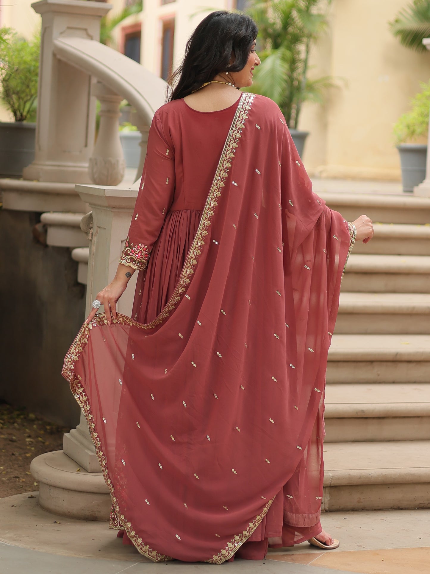 Wonderful Dusty Red Embroidered Georgette Nayra-cut Sharara Suit