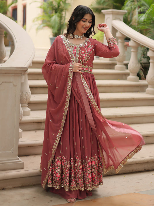 Wonderful Dusty Red Embroidered Georgette Nayra-cut Sharara Suit