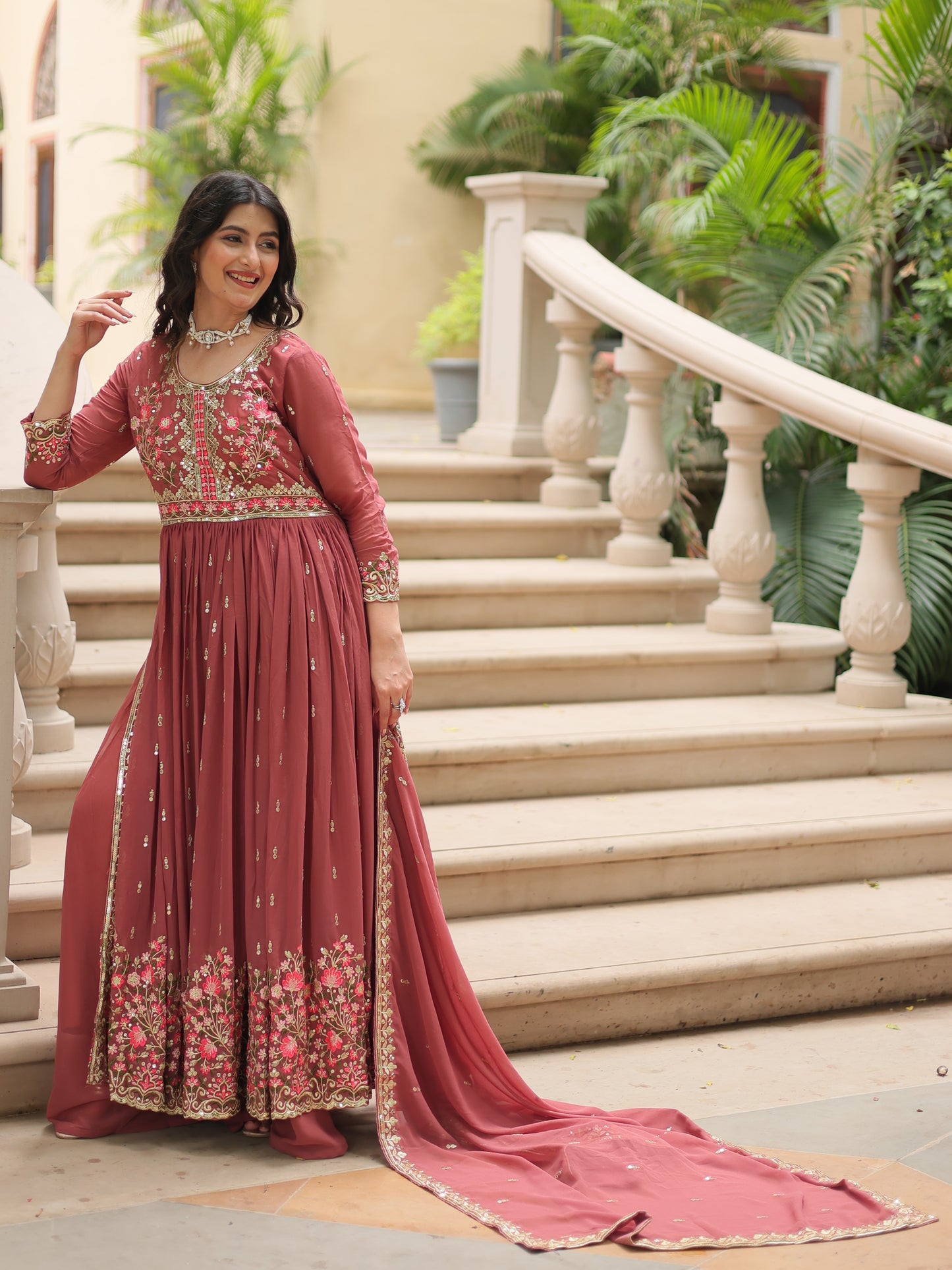 Wonderful Dusty Red Embroidered Georgette Nayra-cut Sharara Suit