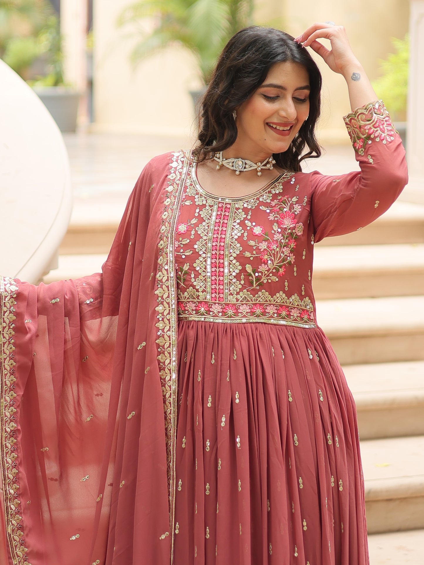 Wonderful Dusty Red Embroidered Georgette Nayra-cut Sharara Suit