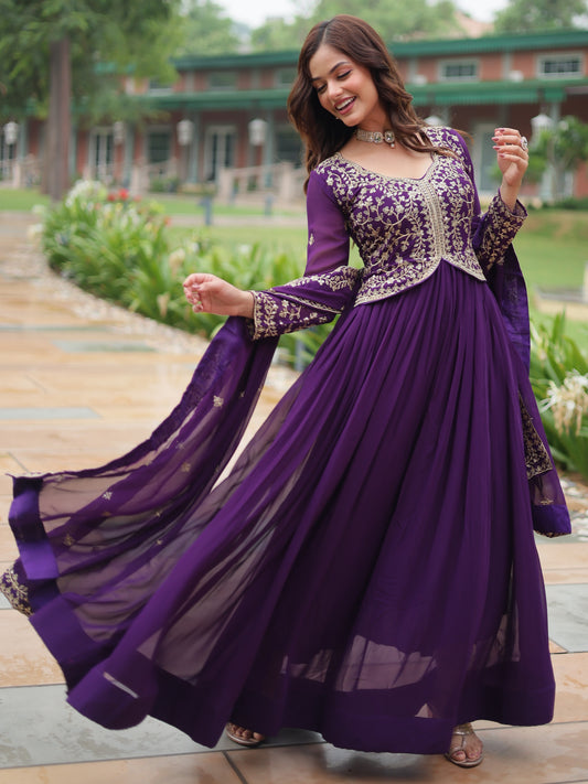 Adorable Purple Zari Work Georgette Designer Wedding Gown