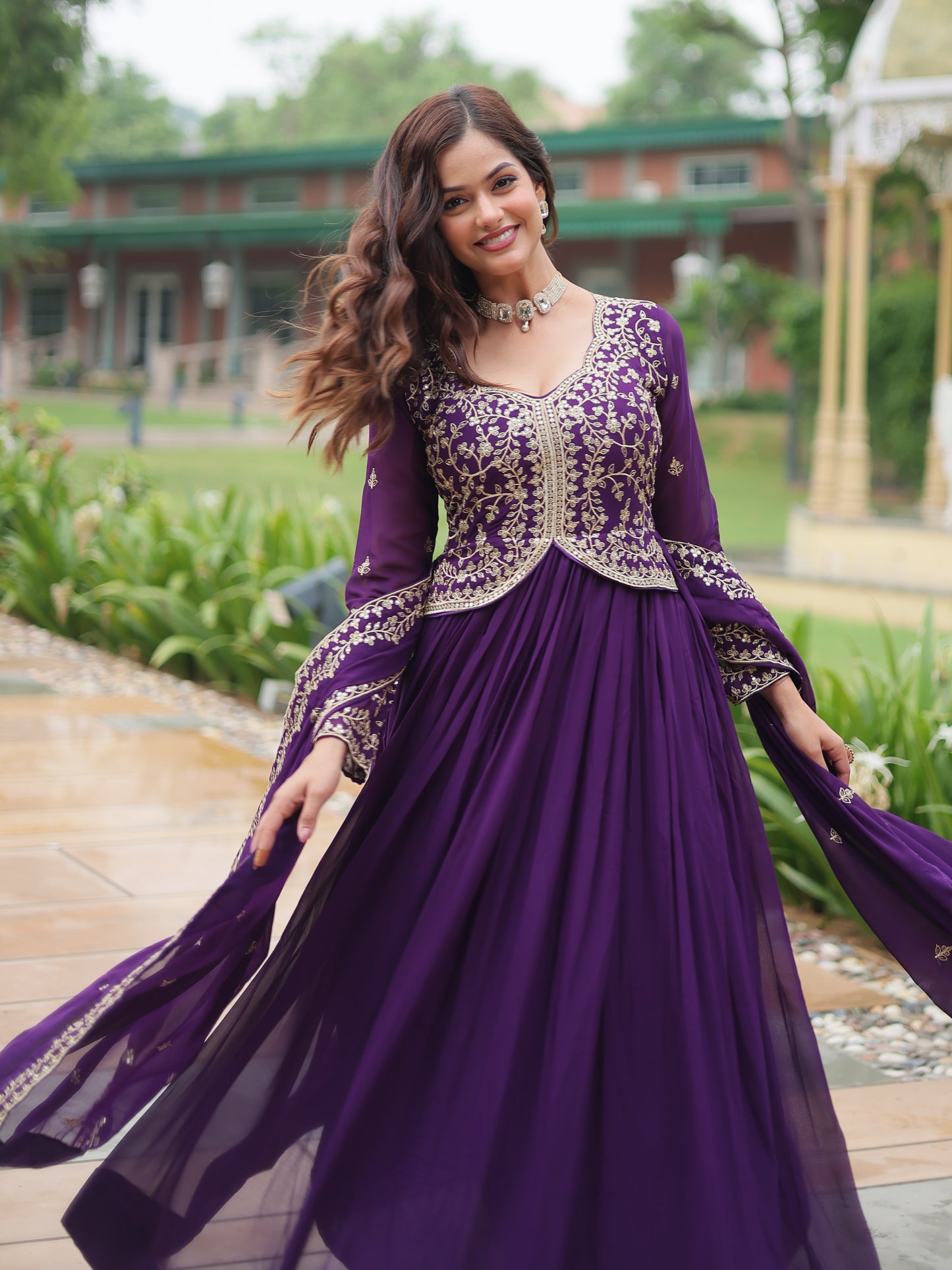 Adorable Purple Zari Work Georgette Designer Wedding Gown