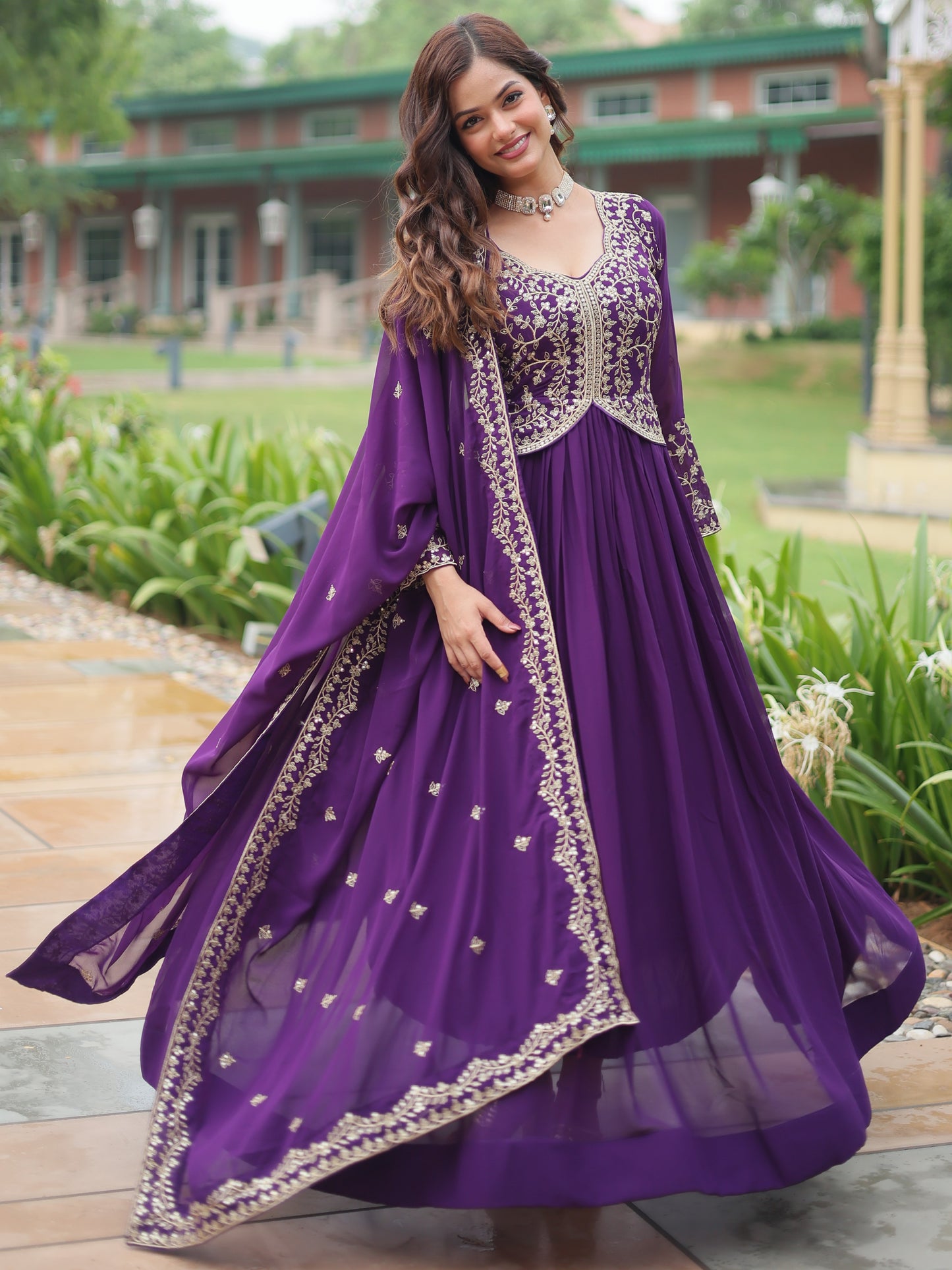 Adorable Purple Zari Work Georgette Designer Wedding Gown