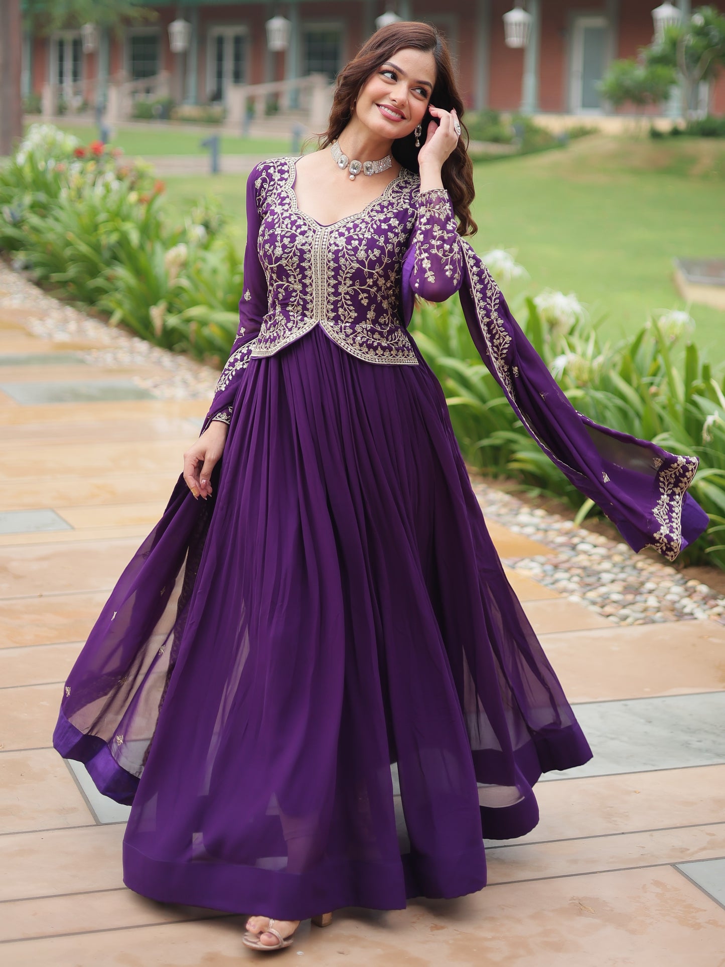 Adorable Purple Zari Work Georgette Designer Wedding Gown