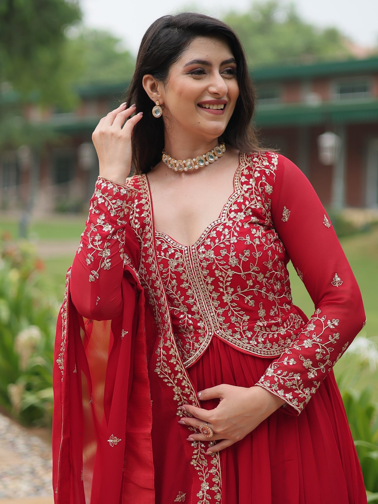 Enchanting Red Zari Work Georgette Designer Reception Gown