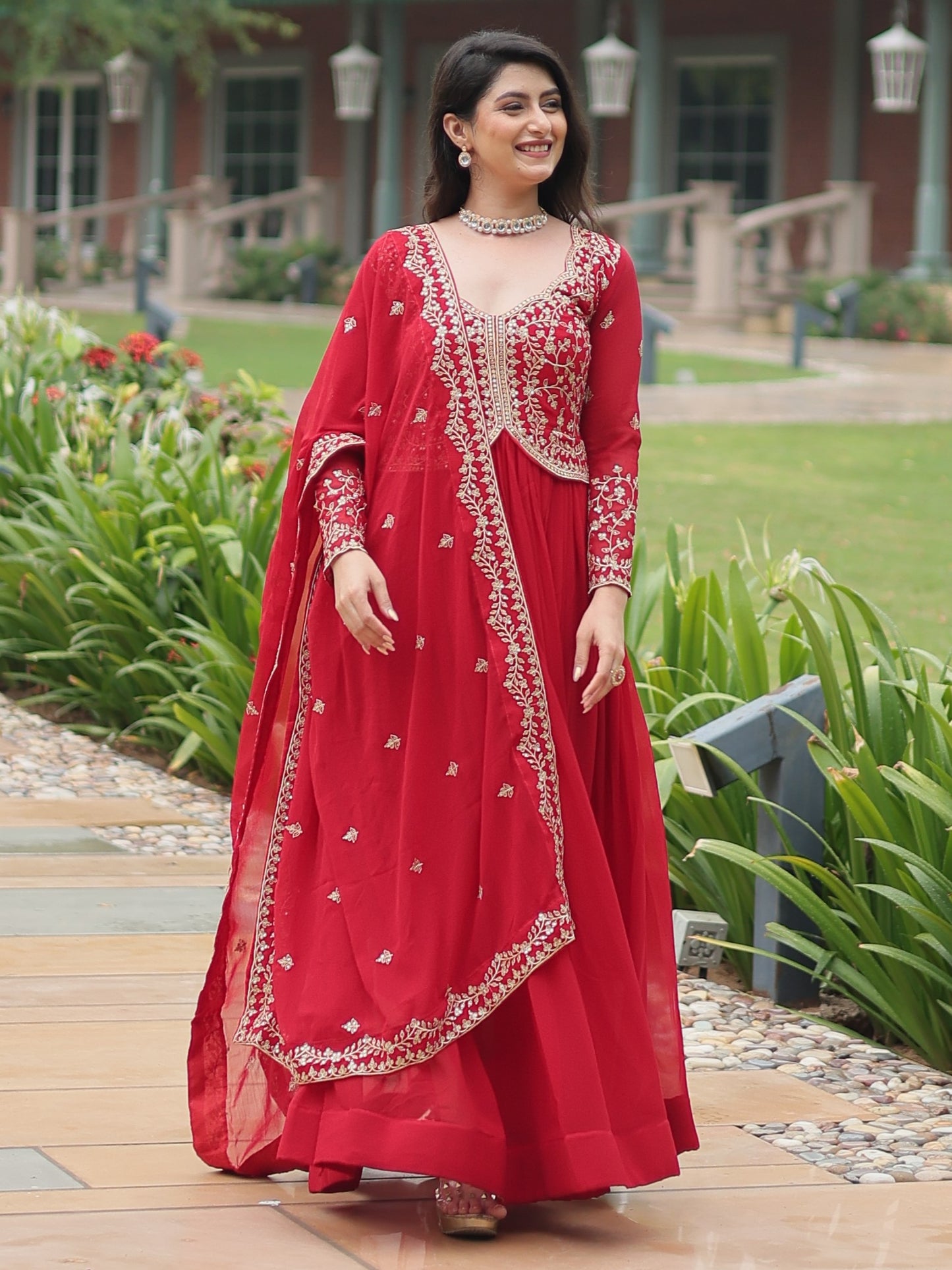 Enchanting Red Zari Work Georgette Designer Reception Gown