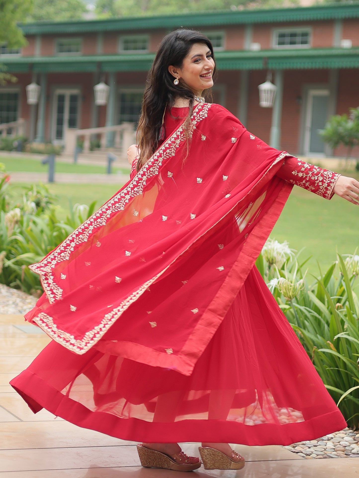 Enchanting Red Zari Work Georgette Designer Reception Gown