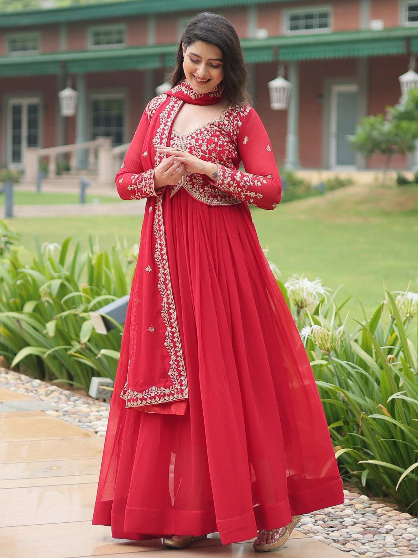 Enchanting Red Zari Work Georgette Designer Reception Gown