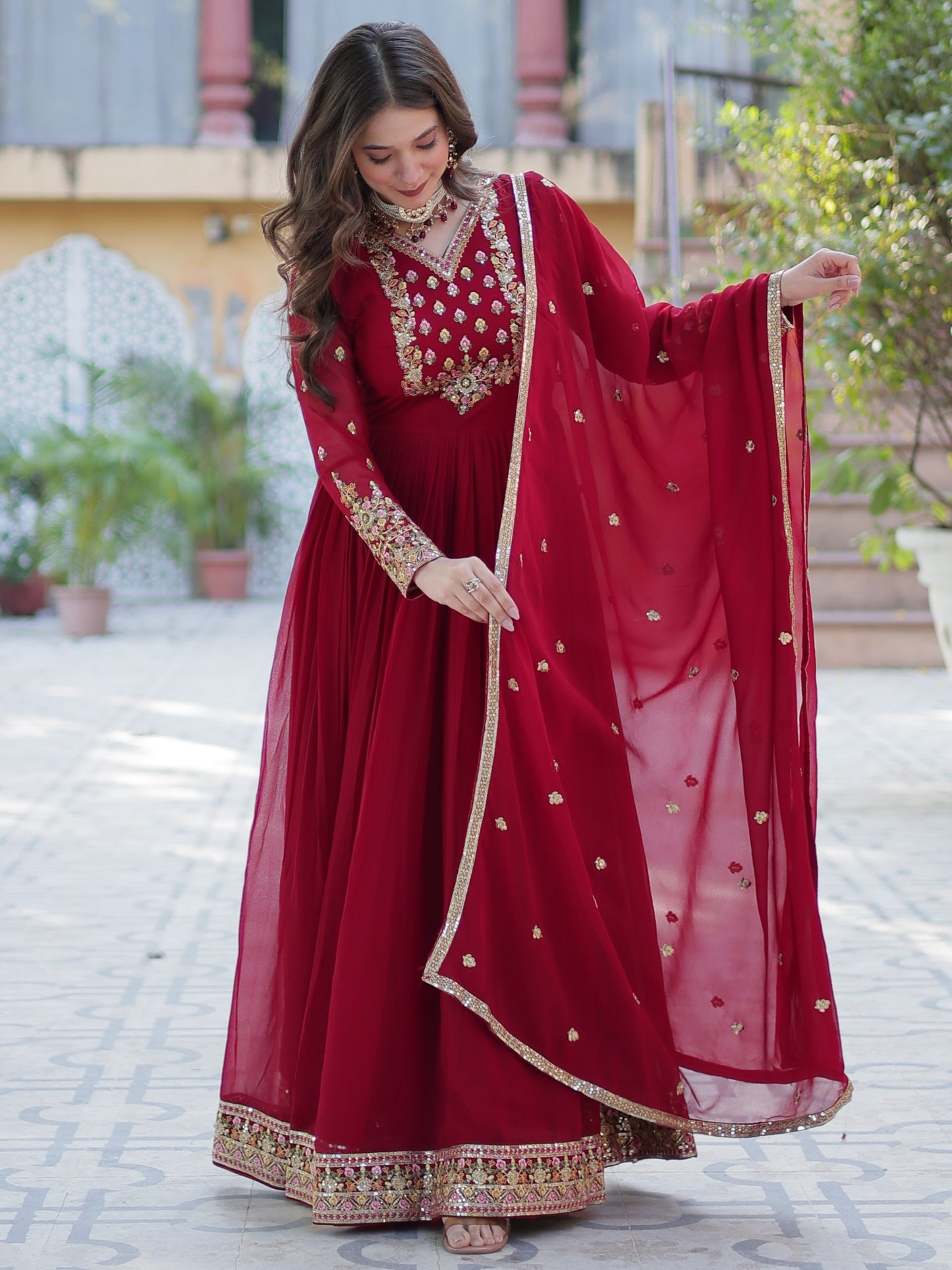 Glamorous Red Zari Work Georgette Wedding Wear Gown