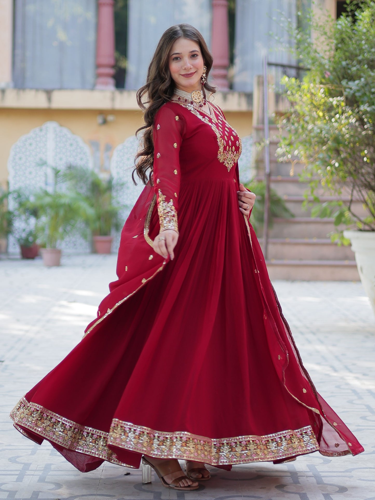 Glamorous Red Zari Work Georgette Wedding Wear Gown