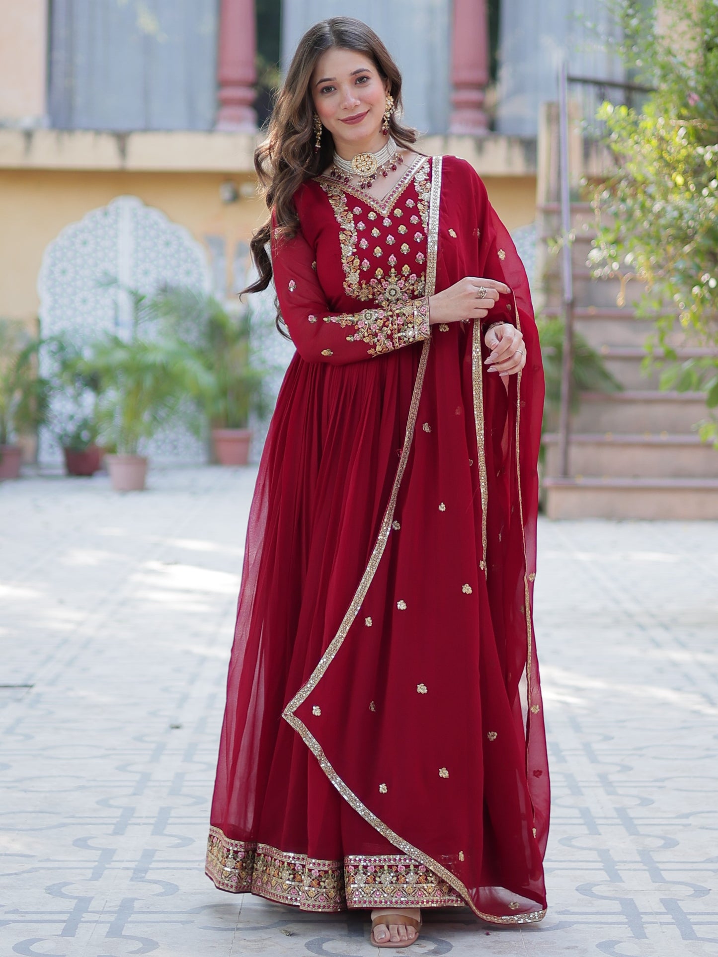 Glamorous Red Zari Work Georgette Wedding Wear Gown