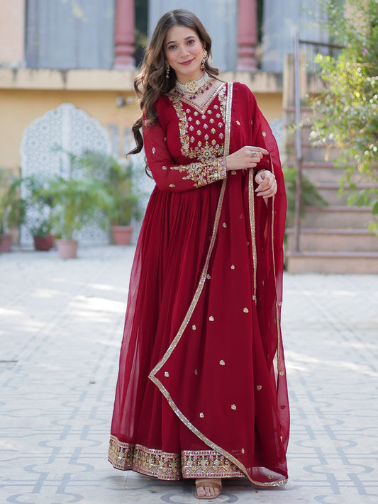 Glamorous Red Zari Work Georgette Wedding Wear Gown