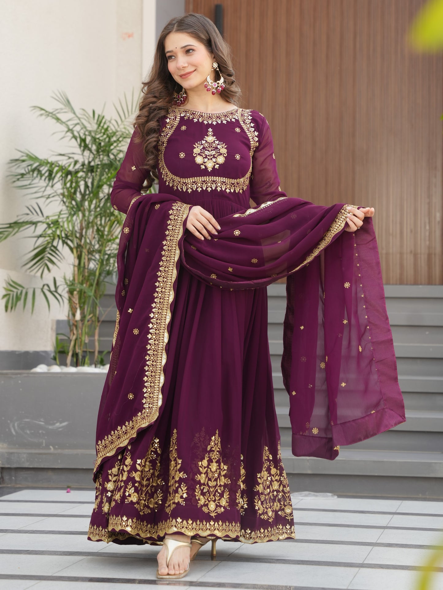 Stunning Purple Embroidered Georgette Designer Gown