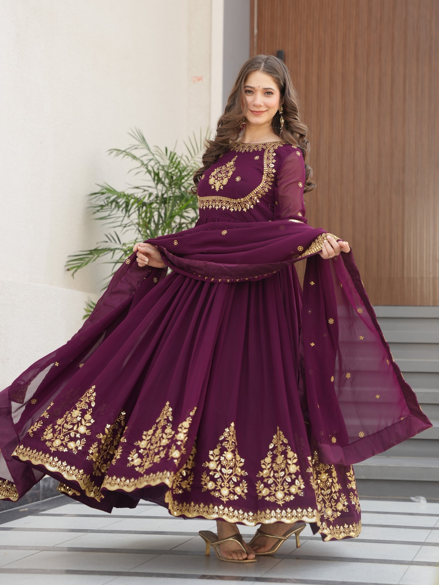 Stunning Purple Embroidered Georgette Designer Gown
