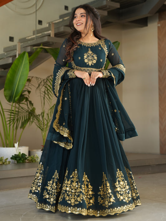 Impressive Green Embroidered Georgette Party Wear Gown