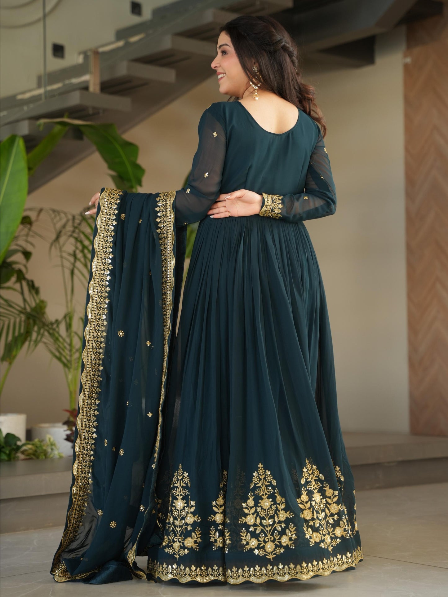 Impressive Green Embroidered Georgette Party Wear Gown