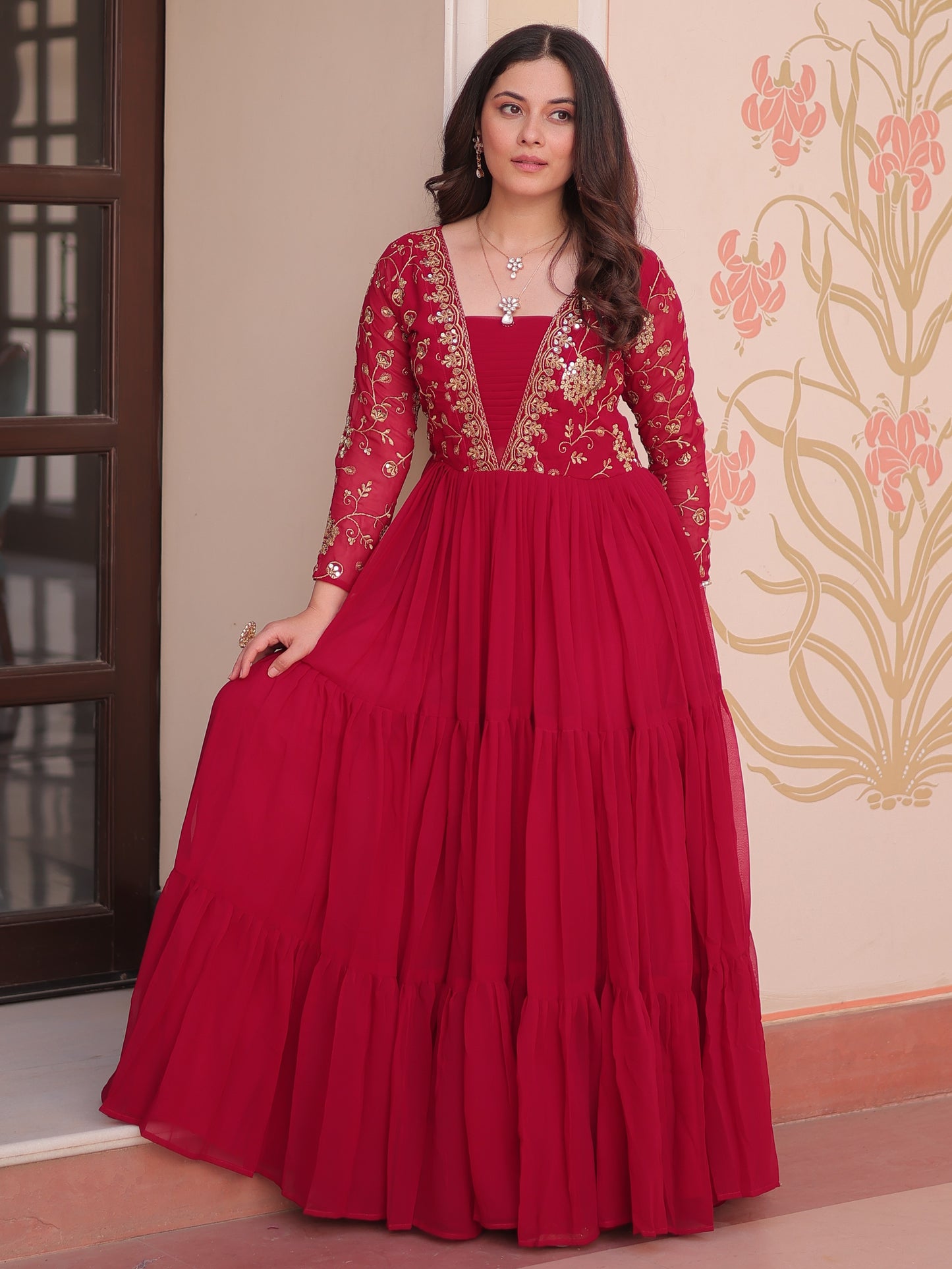 Charming Red Zari Work Georgette Wedding Wear Gown