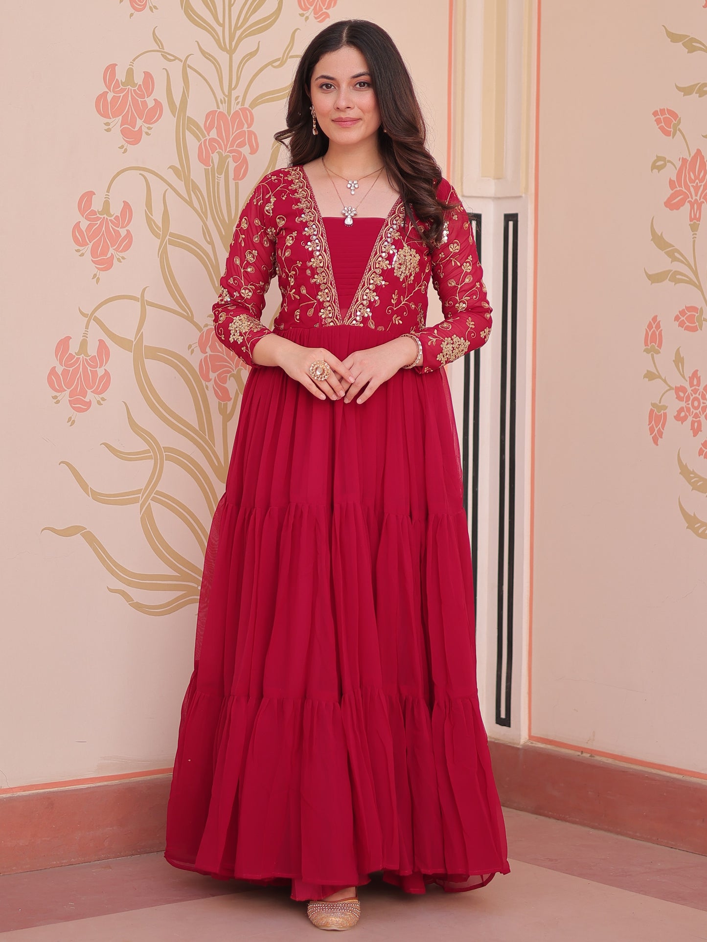 Charming Red Zari Work Georgette Wedding Wear Gown
