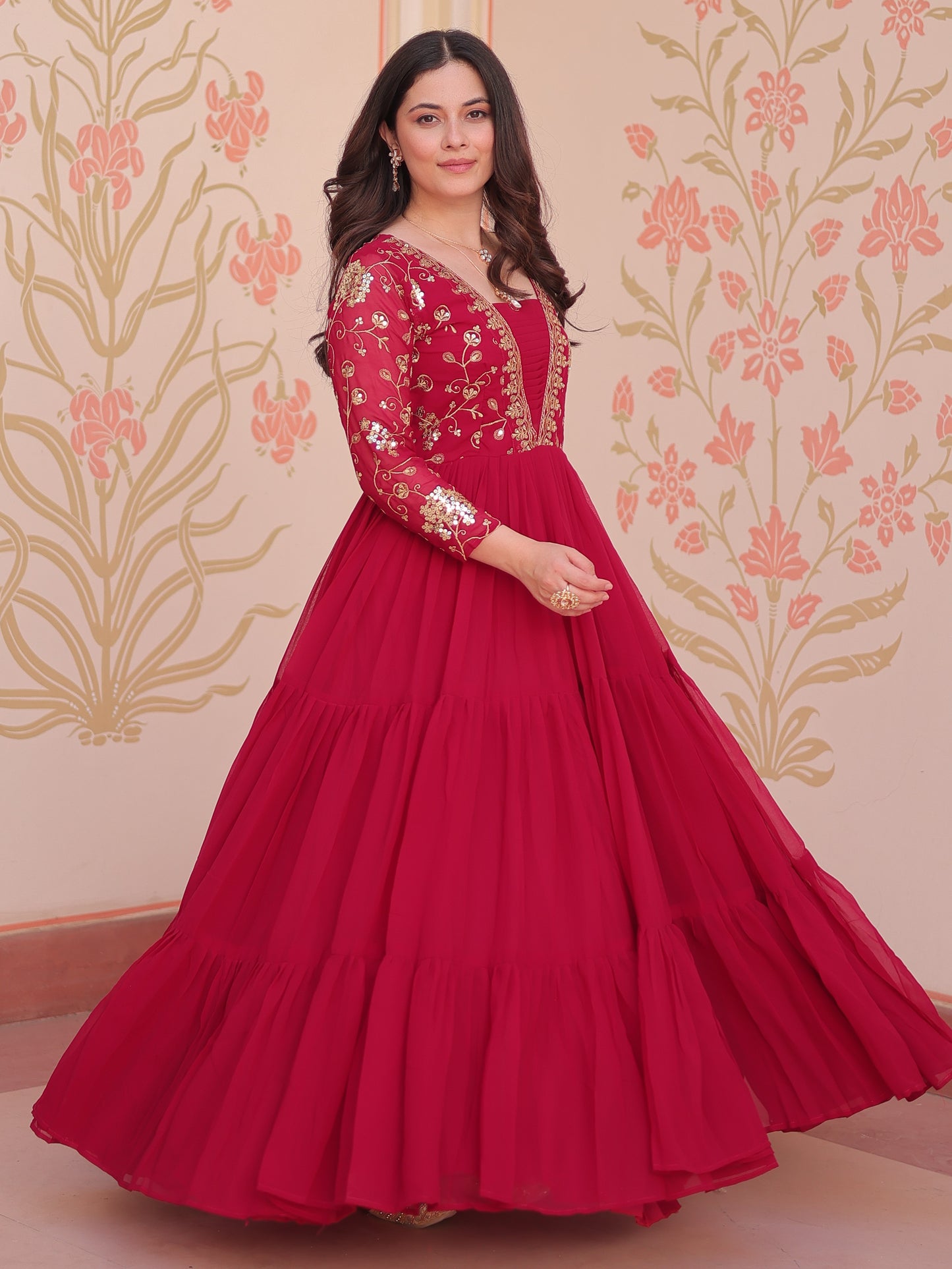 Charming Red Zari Work Georgette Wedding Wear Gown