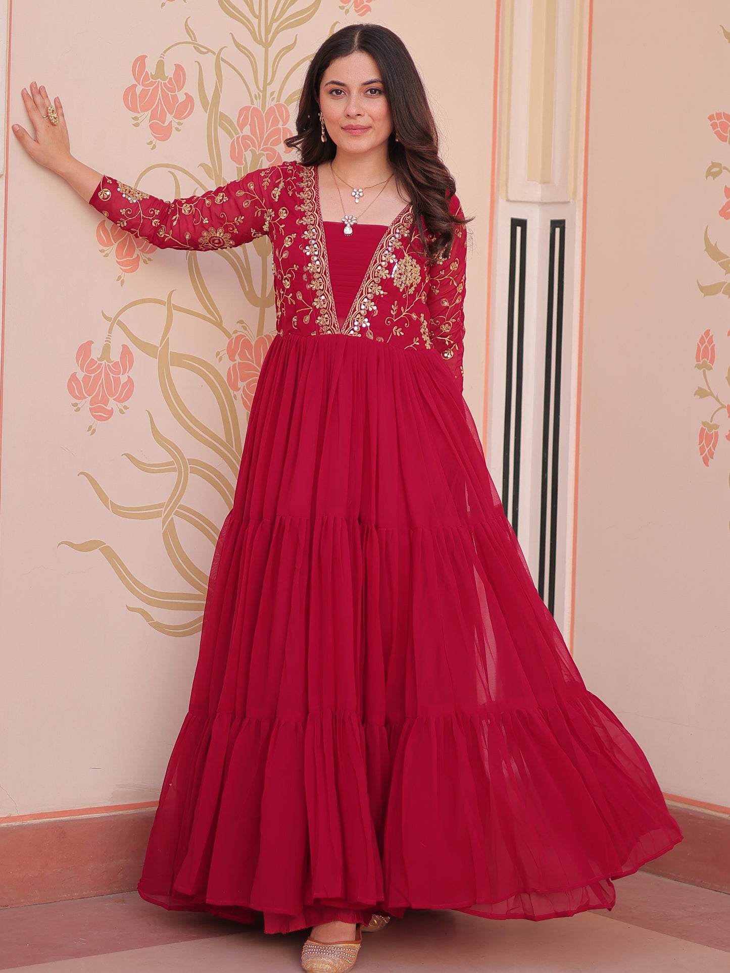 Charming Red Zari Work Georgette Wedding Wear Gown