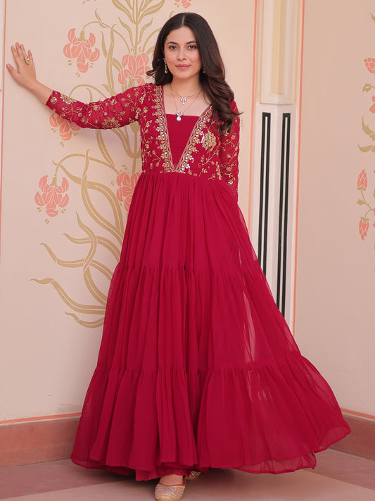 Charming Red Zari Work Georgette Wedding Wear Gown