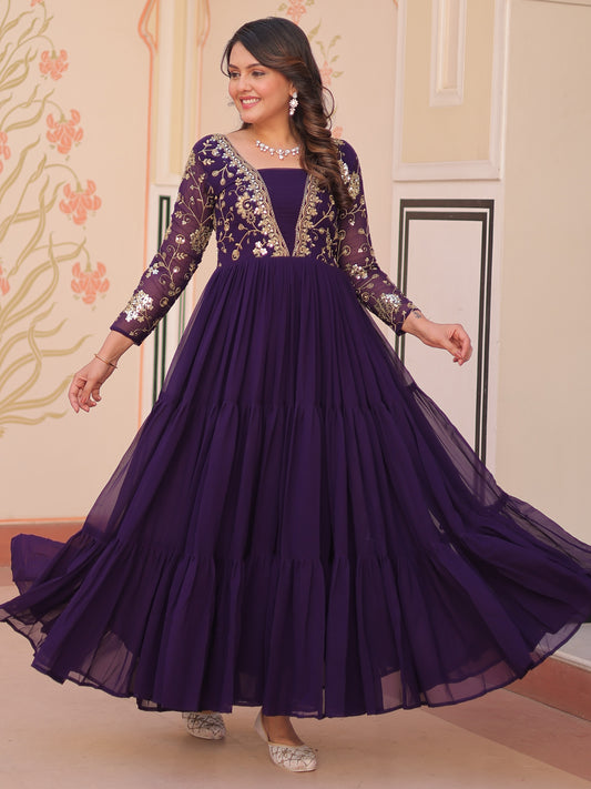 Gorgeous Purple Zari Work Georgette Festive Wear Gown