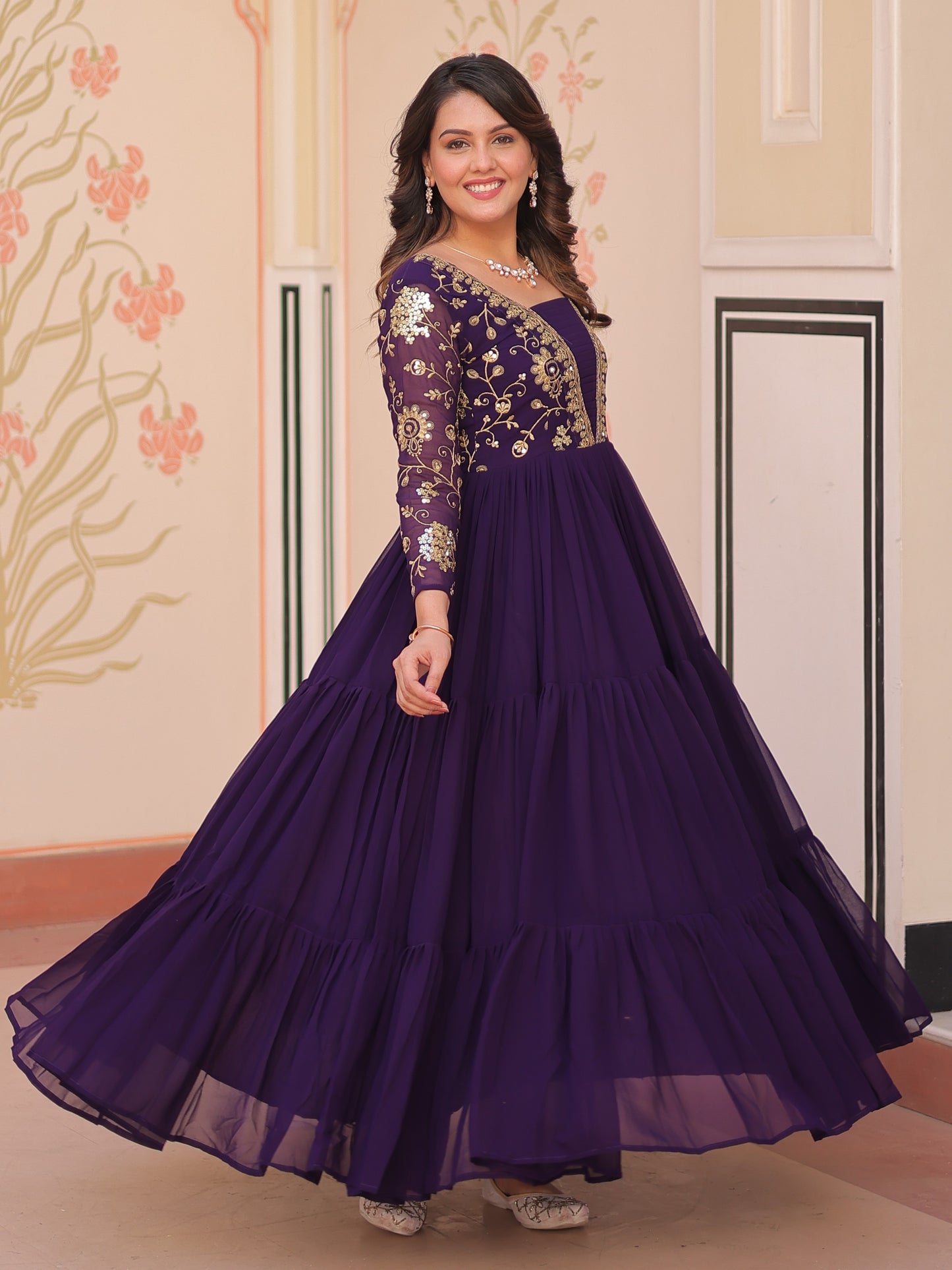 Gorgeous Purple Zari Work Georgette Festive Wear Gown