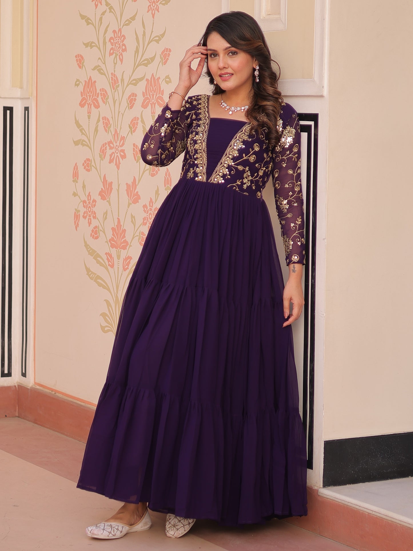 Gorgeous Purple Zari Work Georgette Festive Wear Gown
