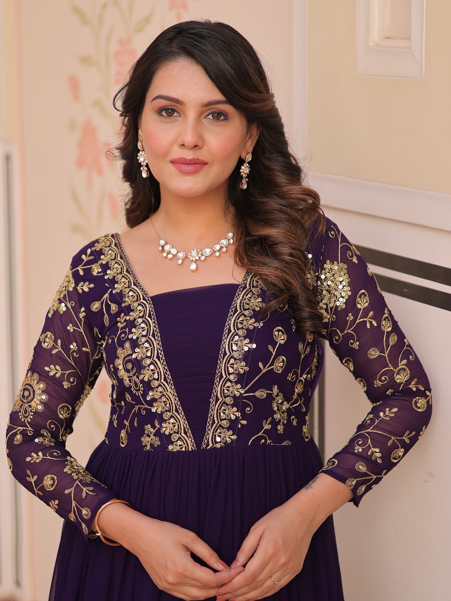 Gorgeous Purple Zari Work Georgette Festive Wear Gown
