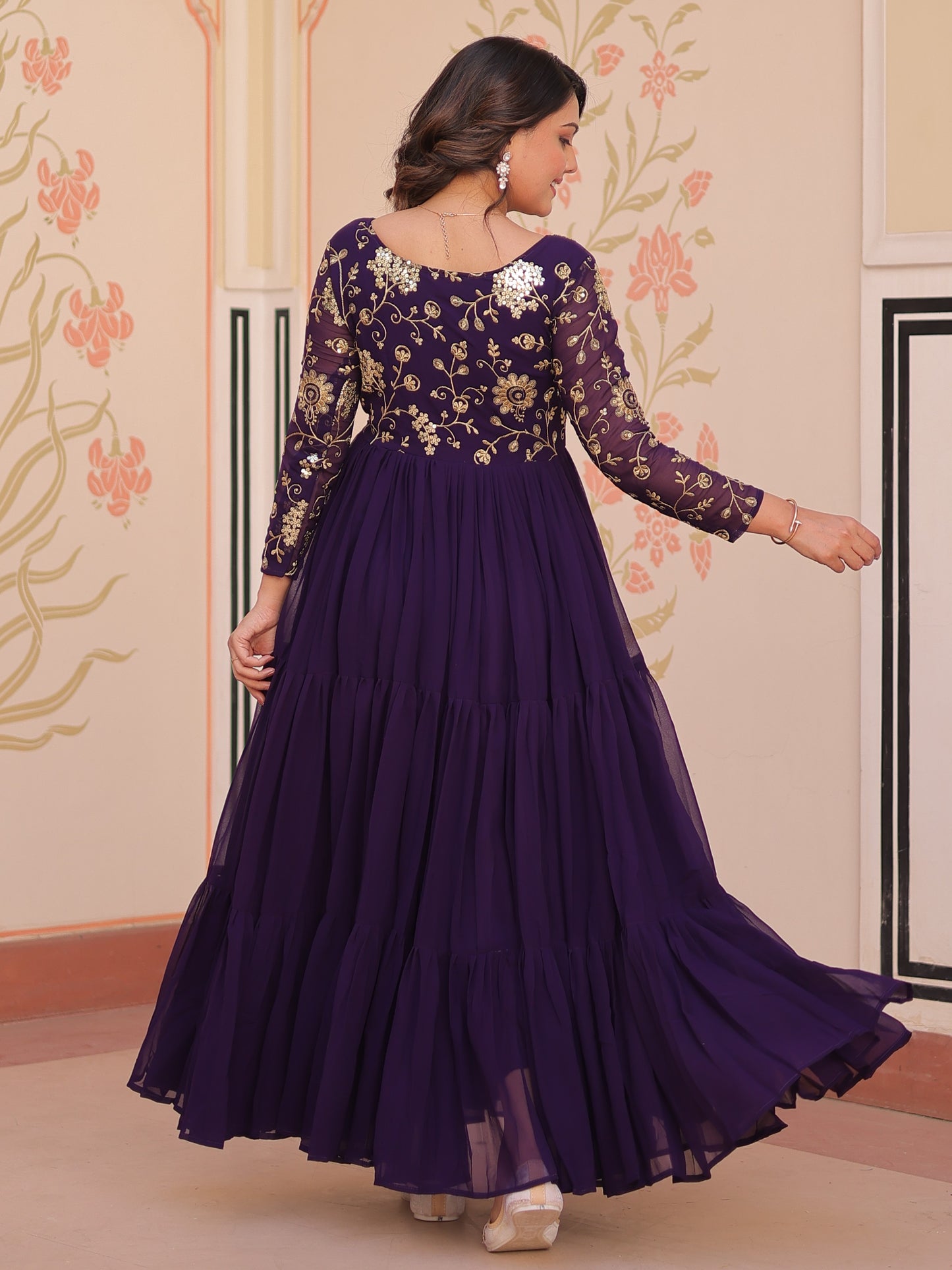 Gorgeous Purple Zari Work Georgette Festive Wear Gown