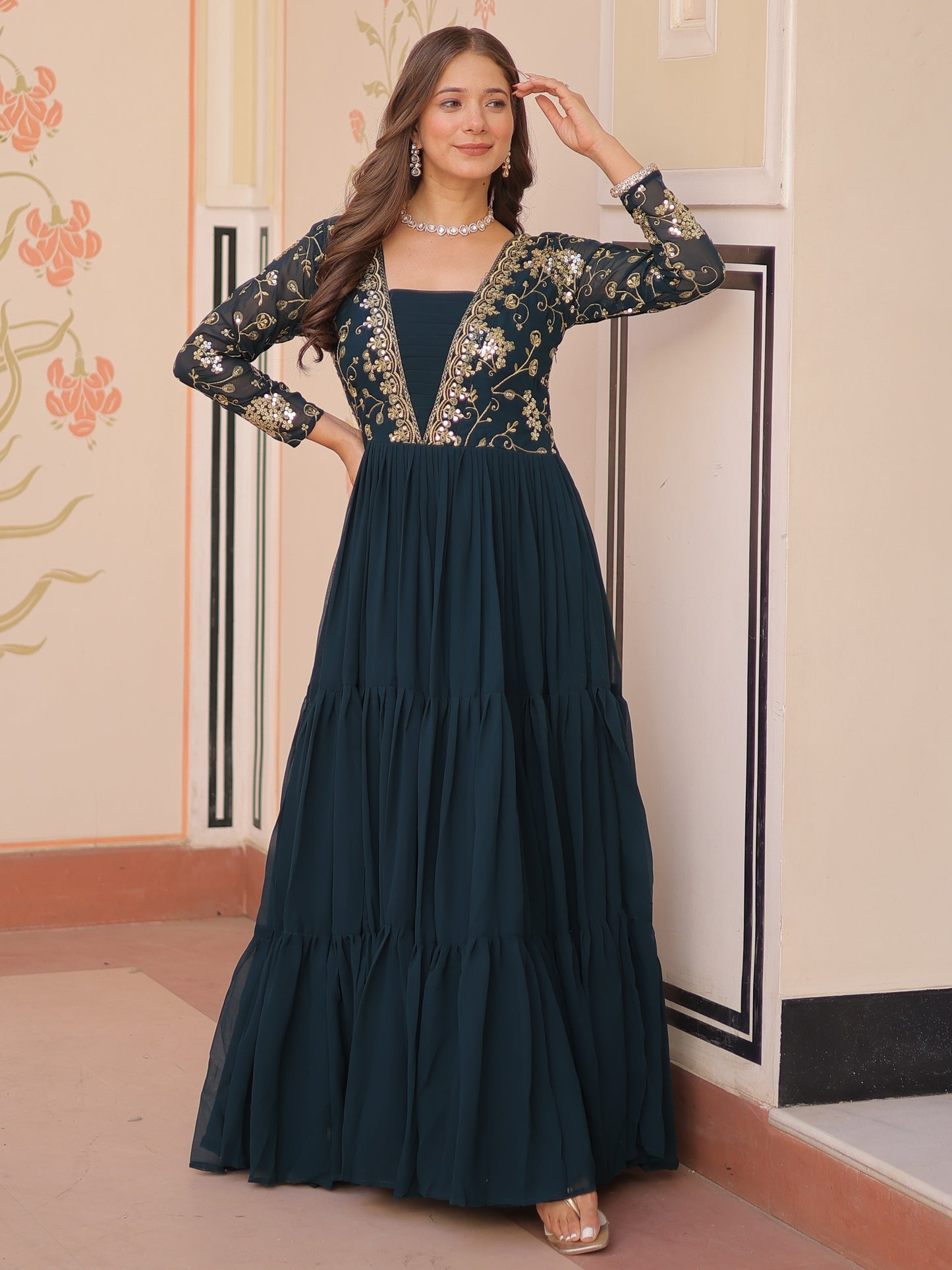 Beautiful Teal Blue Zari Work Georgette Party Wear Gown