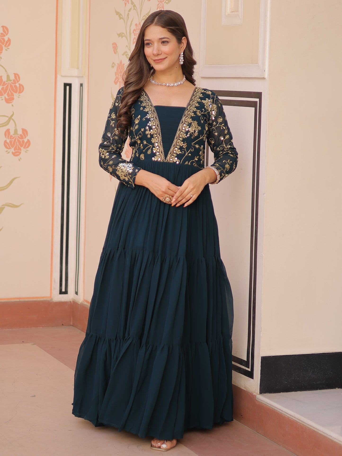 Beautiful Teal Blue Zari Work Georgette Party Wear Gown