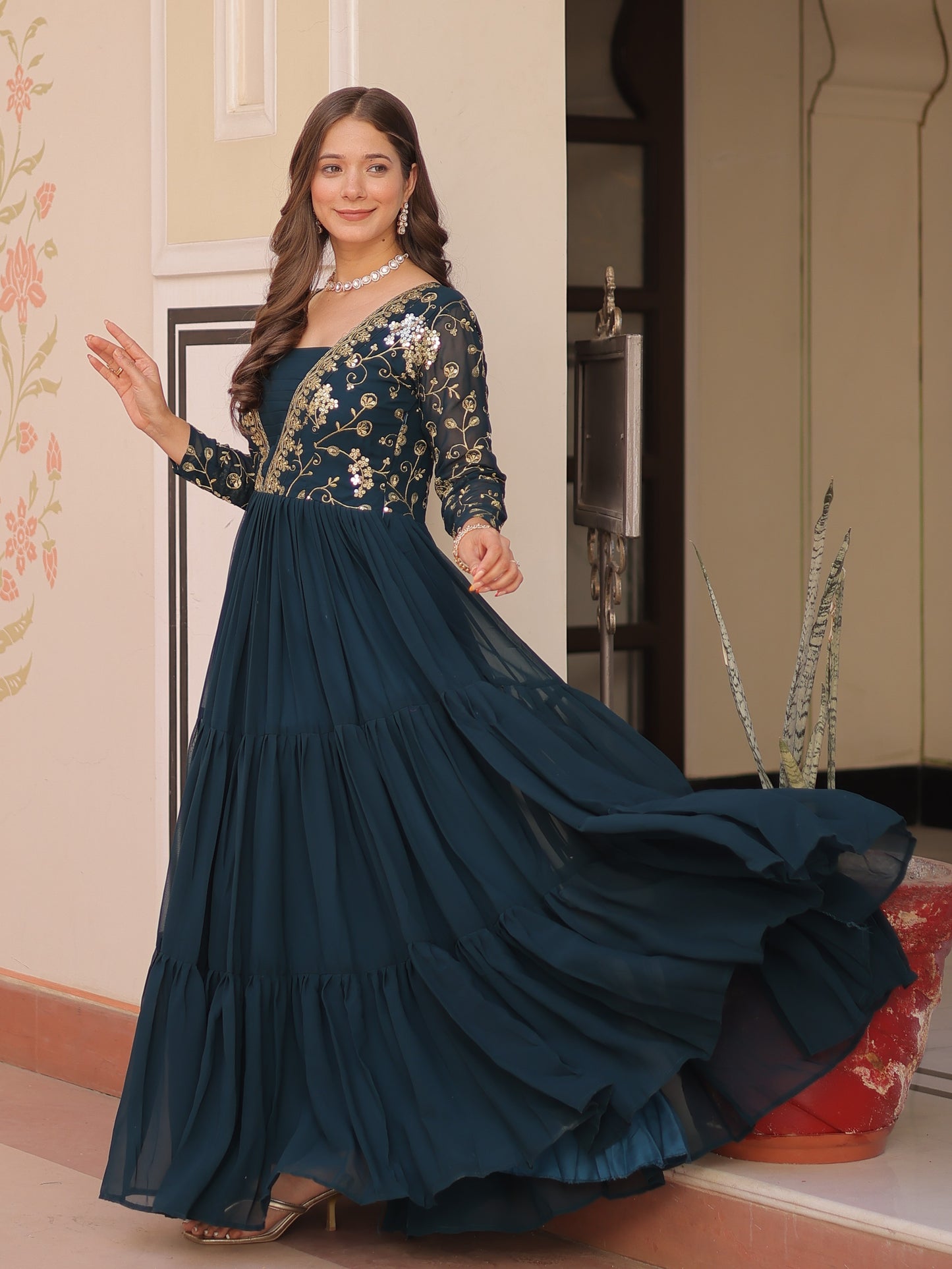 Beautiful Teal Blue Zari Work Georgette Party Wear Gown