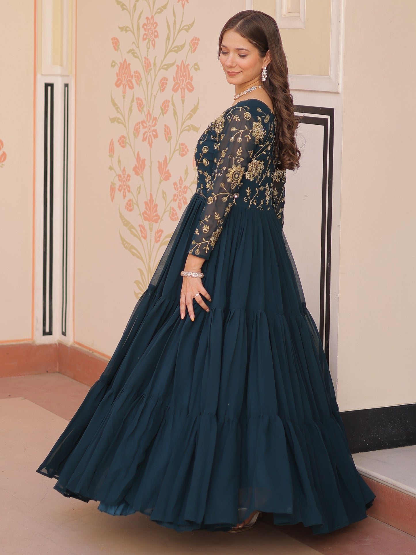 Beautiful Teal Blue Zari Work Georgette Party Wear Gown