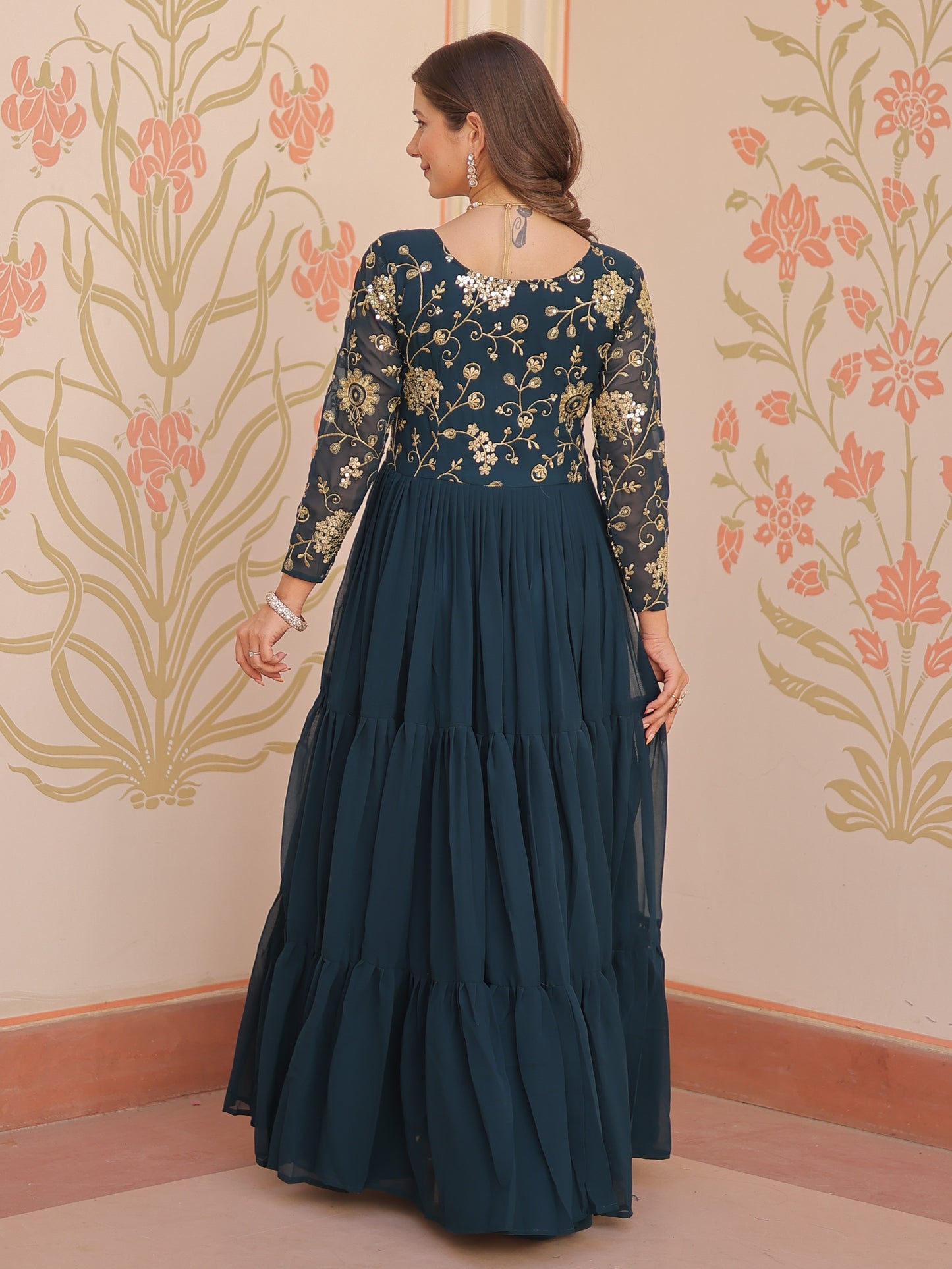 Beautiful Teal Blue Zari Work Georgette Party Wear Gown