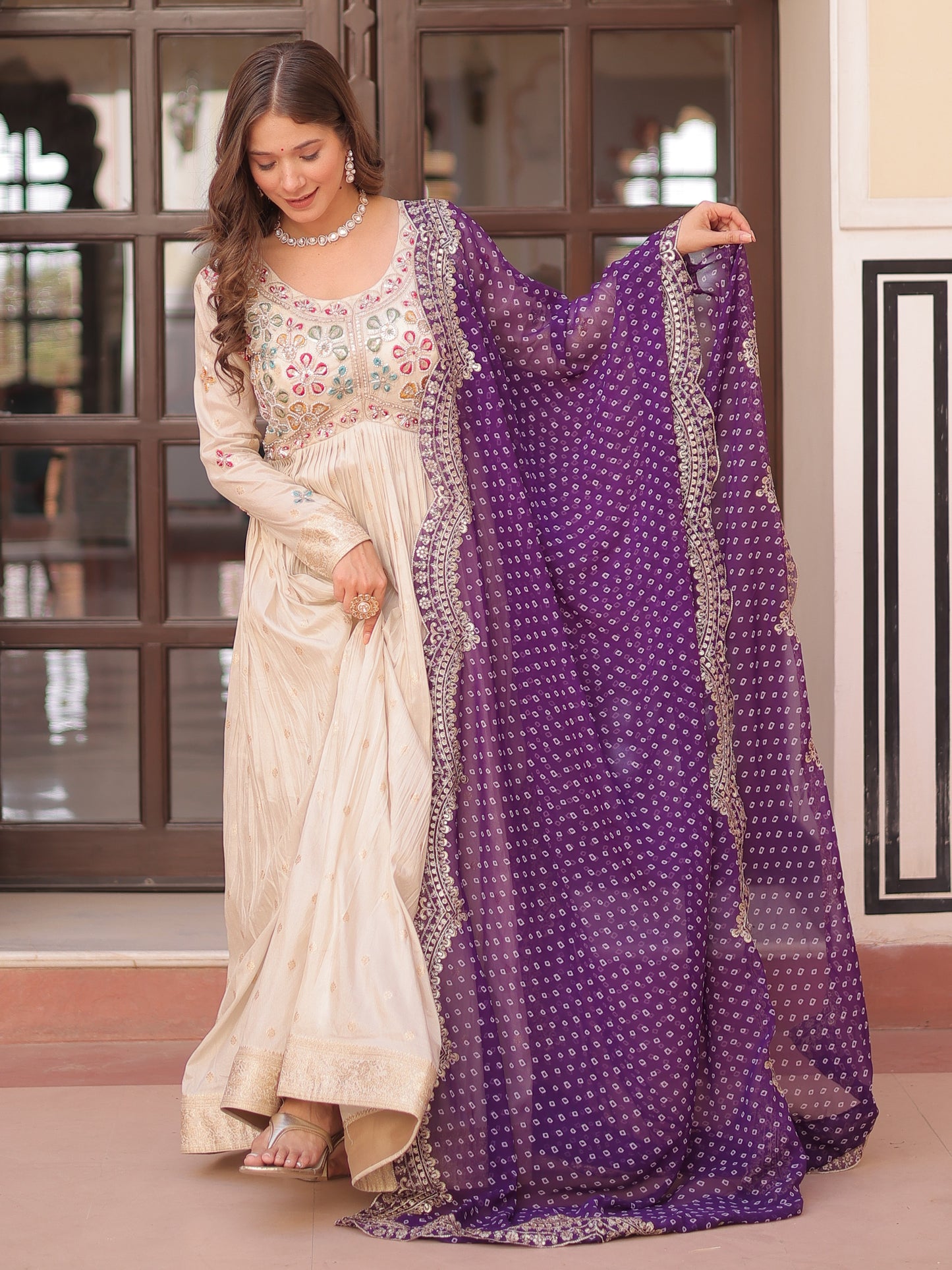 Attractive Cream Zari Work Silk Gown With Bandhani Dupatta