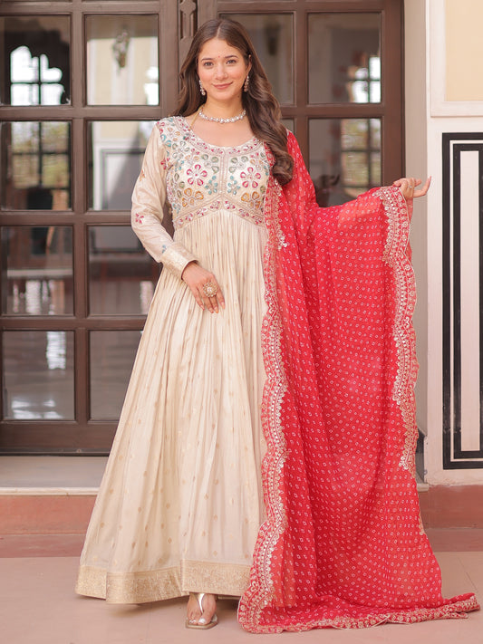 Marvelous Cream Zari Work Silk Gown With Red Dupatta