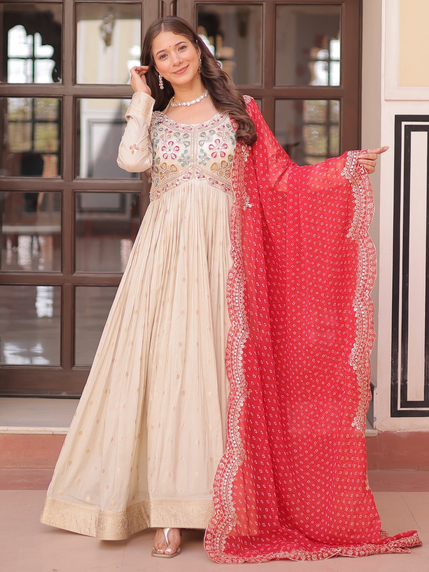 Marvelous Cream Zari Work Silk Gown With Red Dupatta