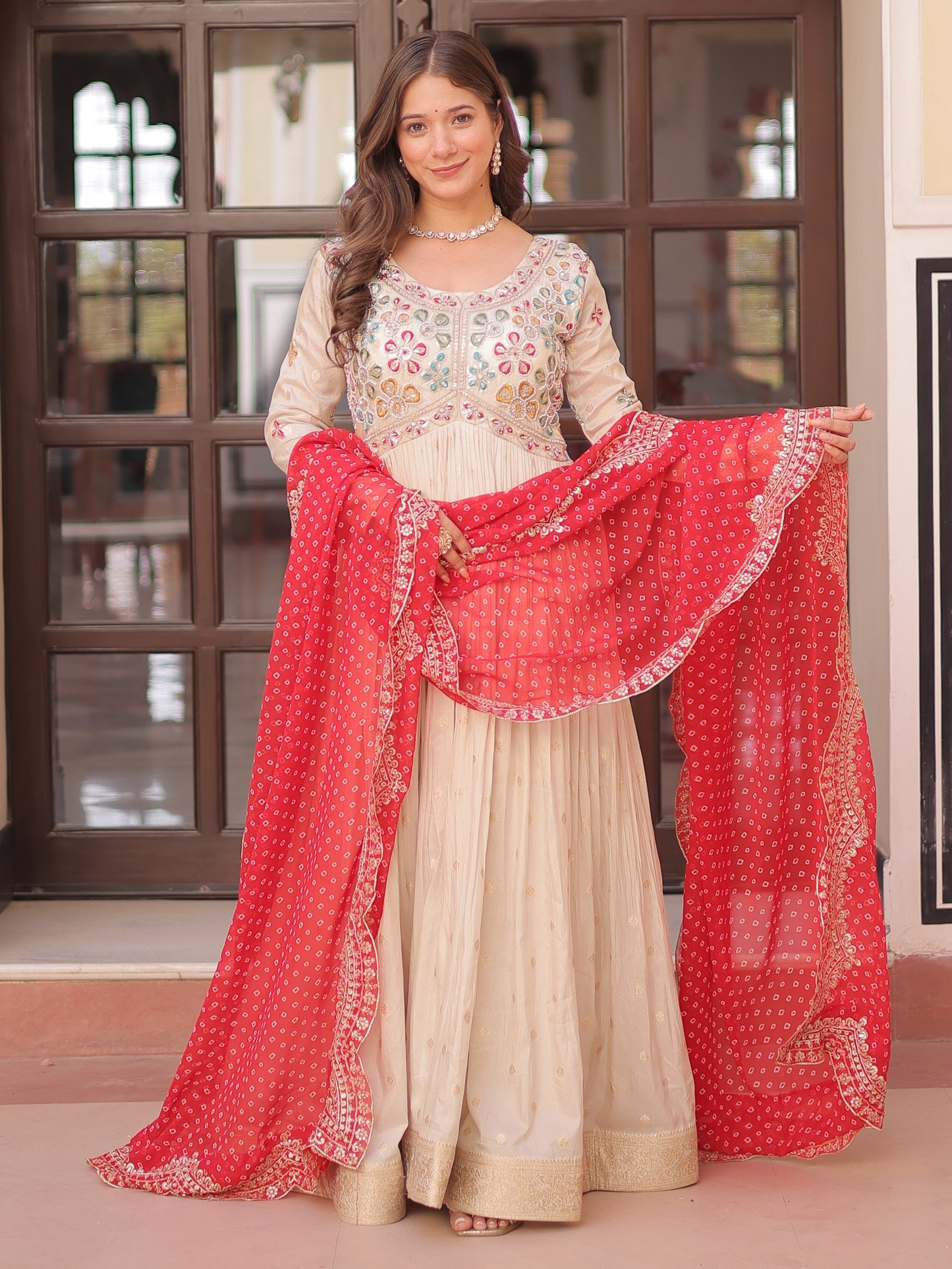 Marvelous Cream Zari Work Silk Gown With Red Dupatta