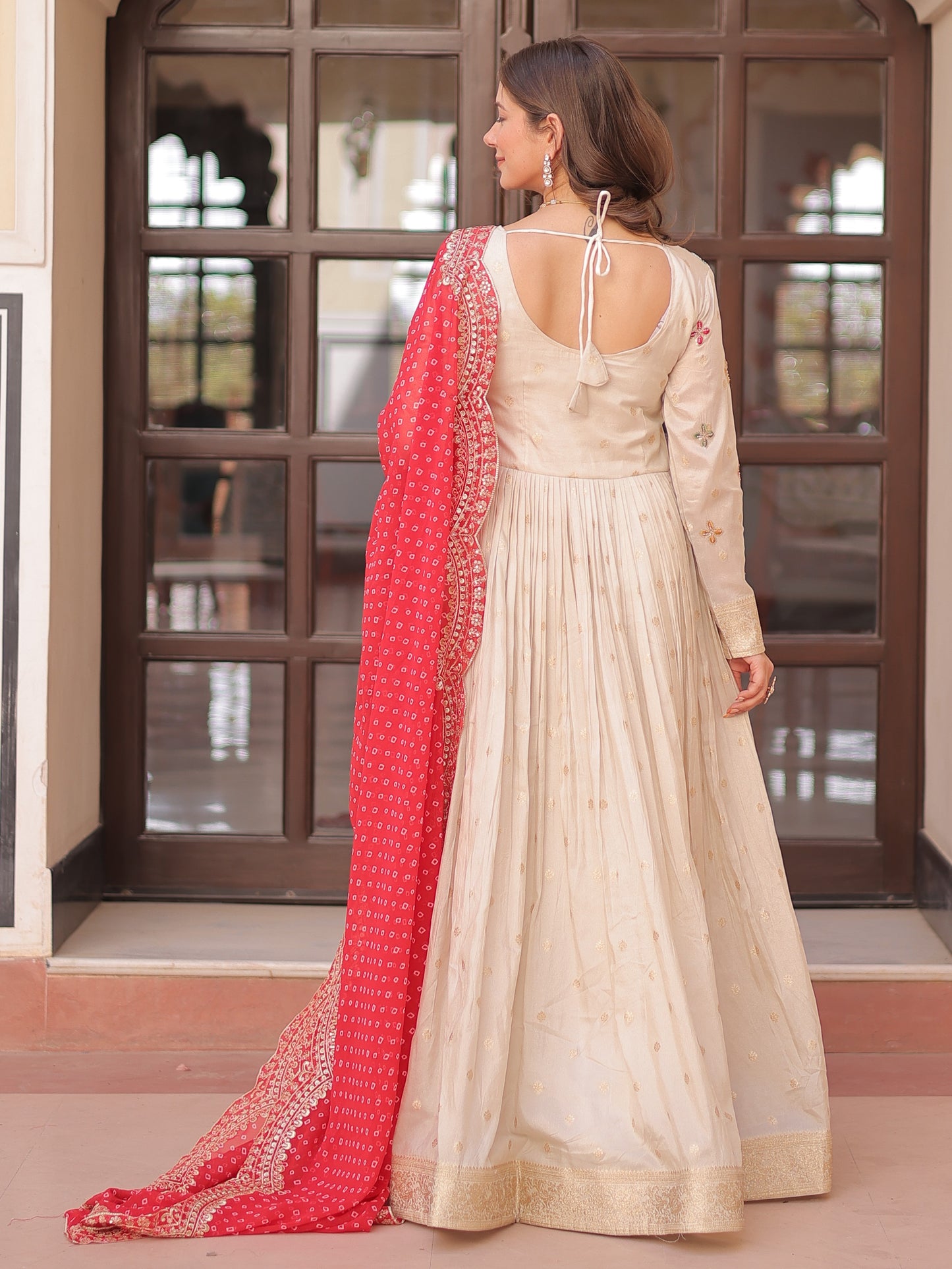 Marvelous Cream Zari Work Silk Gown With Red Dupatta