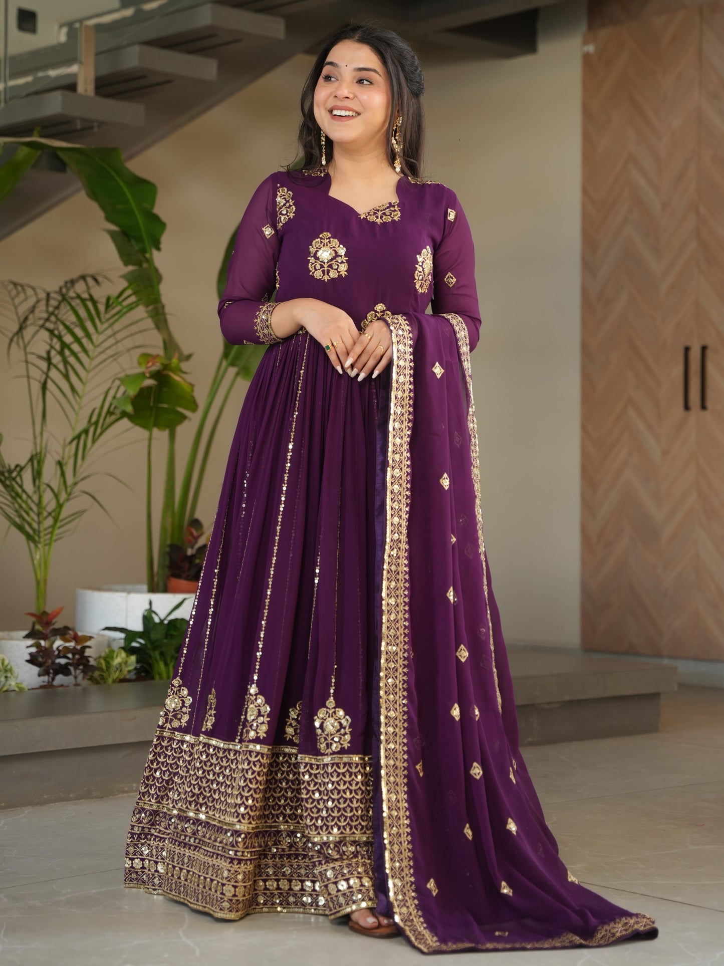 Exquisite Purple Zari Work Georgette Bridesmaid Gown