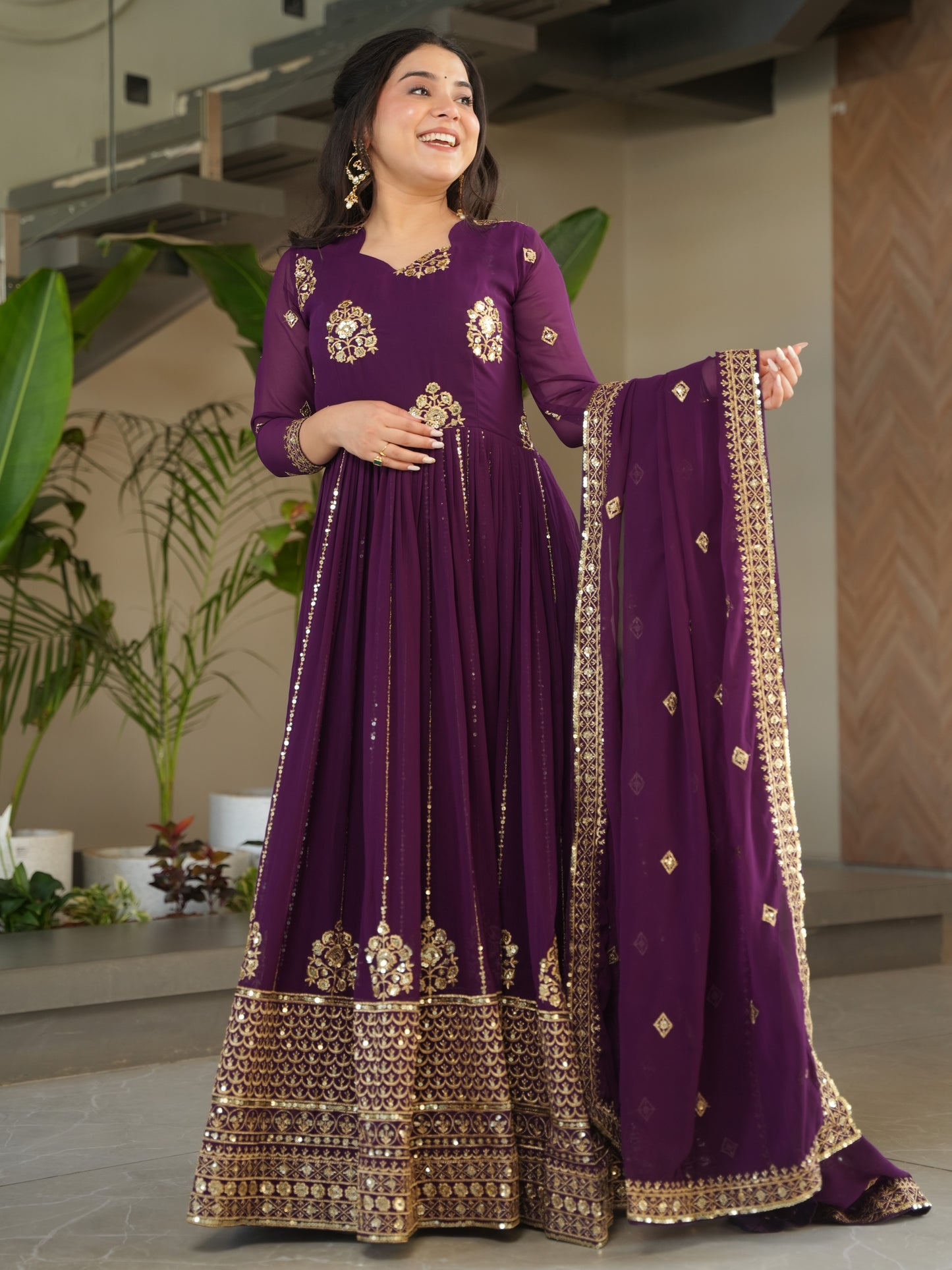 Exquisite Purple Zari Work Georgette Bridesmaid Gown