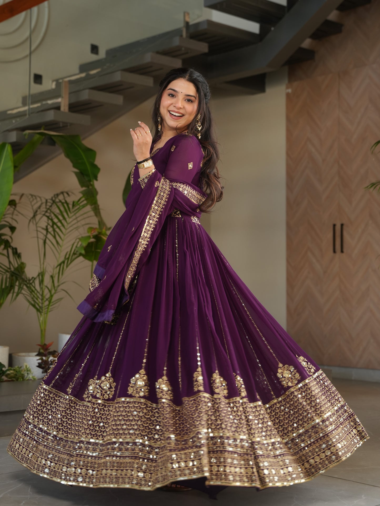 Exquisite Purple Zari Work Georgette Bridesmaid Gown