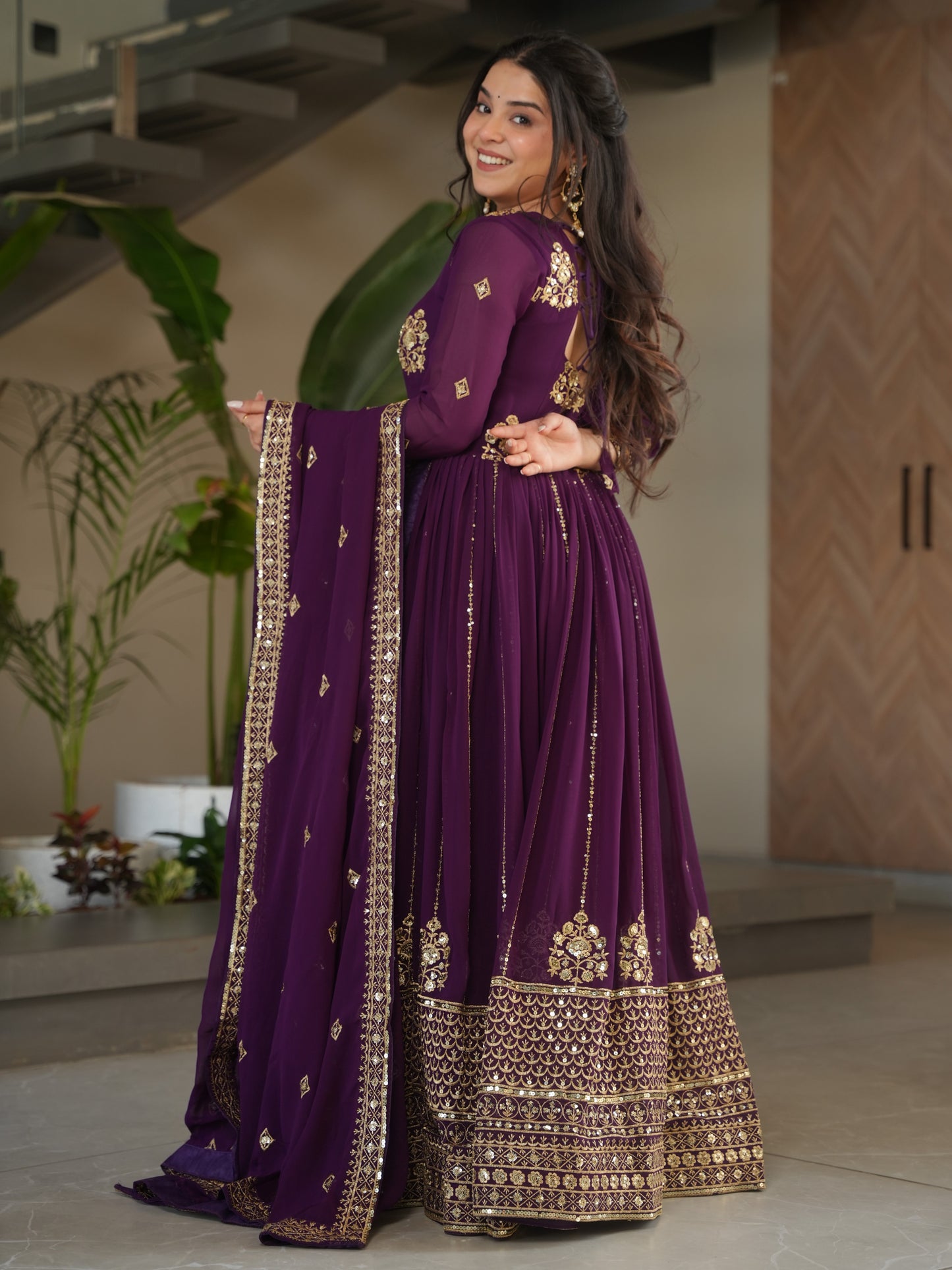 Exquisite Purple Zari Work Georgette Bridesmaid Gown