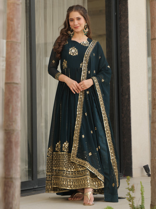 Winsome Dark Green Zari Work Georgette Engagement Wear Gown