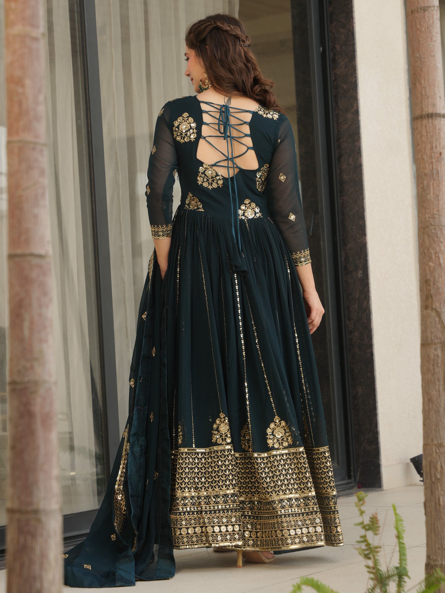 Winsome Dark Green Zari Work Georgette Engagement Wear Gown