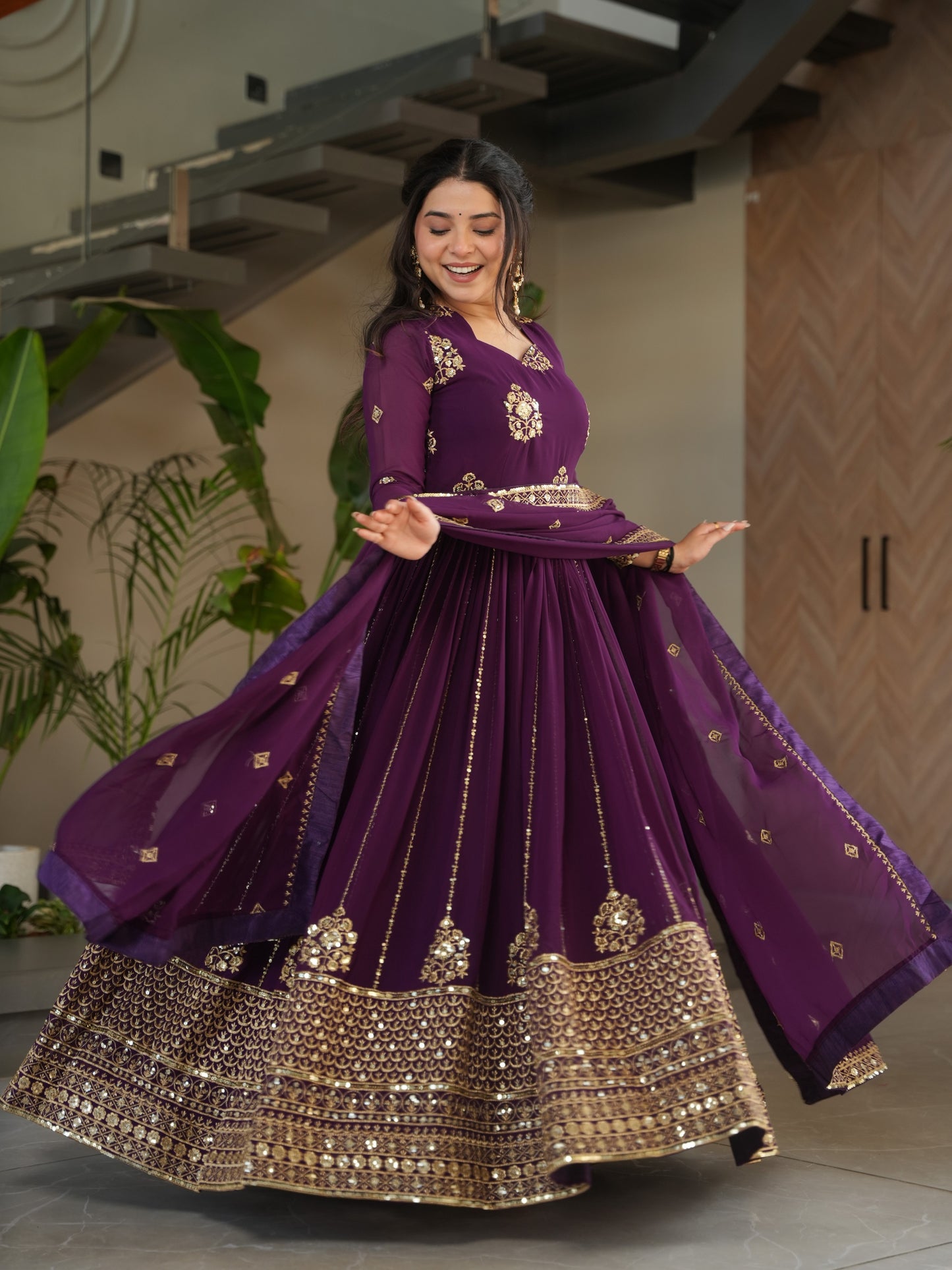 Exquisite Purple Zari Work Georgette Bridesmaid Gown
